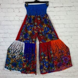Patchwork Elastic Smock Waistband Tiered Palazzo Pants